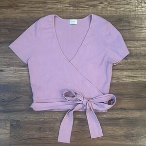WILFRED‎ Aritzia All Tied Up Sweater Pink Knit Top Cropped Faux Wrap XL Boho